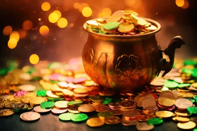 Copper Pot Filled With Gold And Green Coins