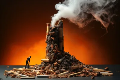 Miniature Figure Standing Before A Smoking Cigarette Volcano