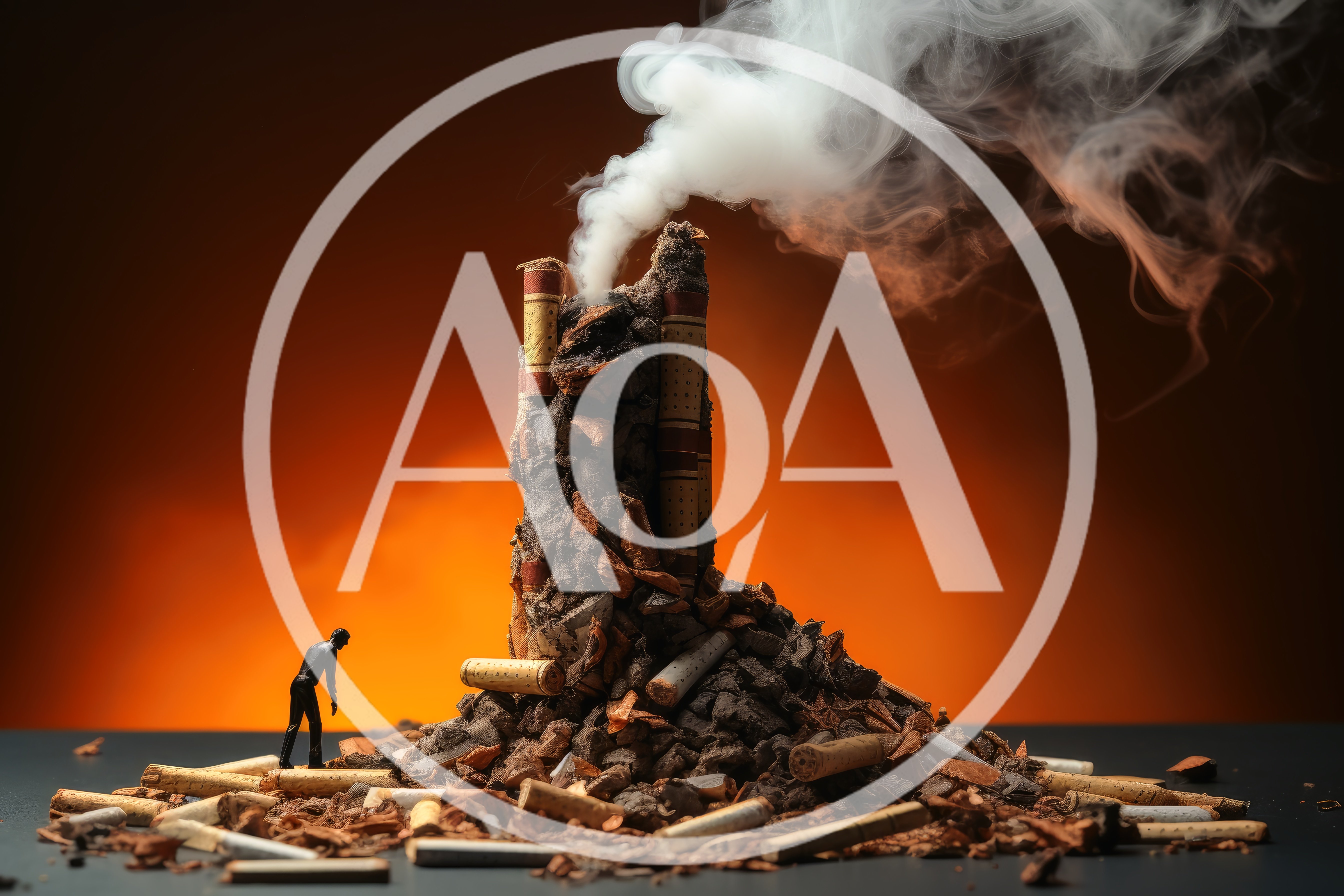 Miniature Figure Standing Before A Smoking Cigarette Volcano