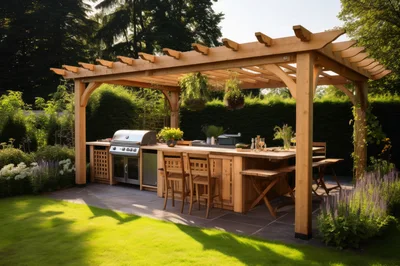 Outdoor Kitchen And Pergola In A Lush Garden