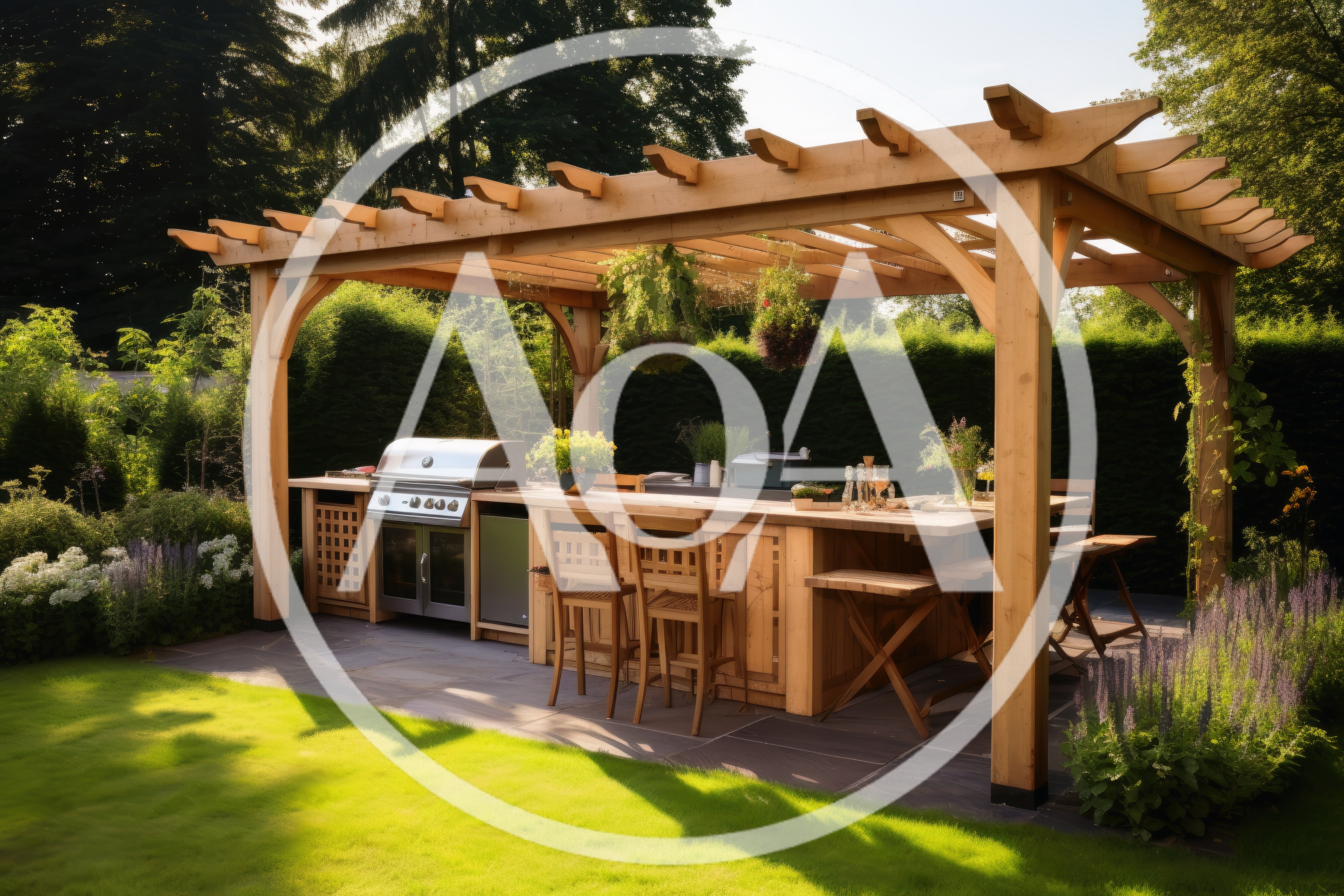 Outdoor Kitchen And Pergola In A Lush Garden