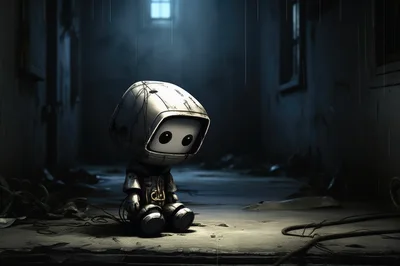 Sad Small Robot Sitting In Dark Abandoned Alleyway