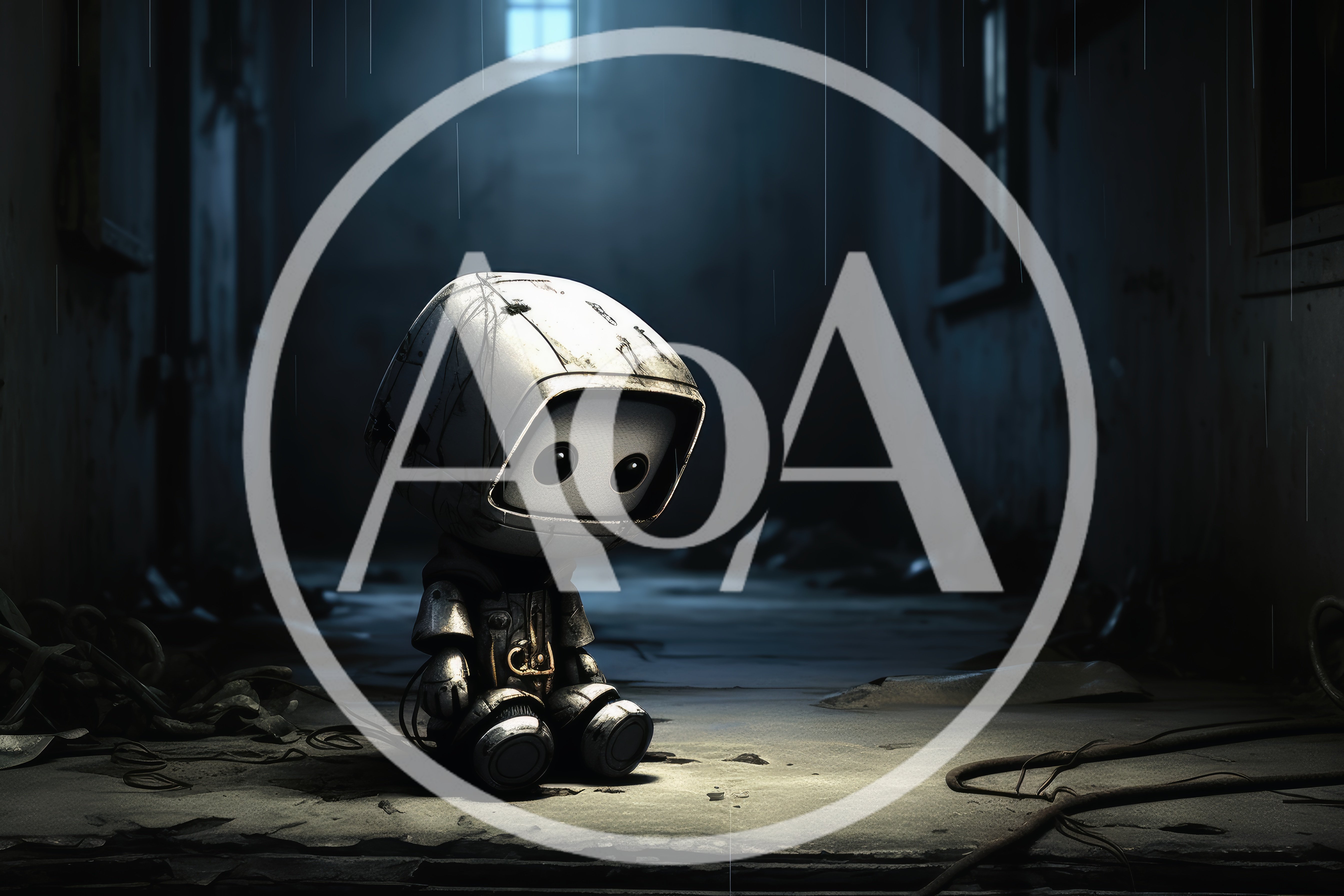 Sad Small Robot Sitting In Dark Abandoned Alleyway