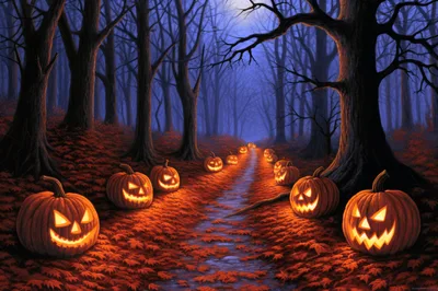 Spooky Jack O Lanterns Lining A Forest Path