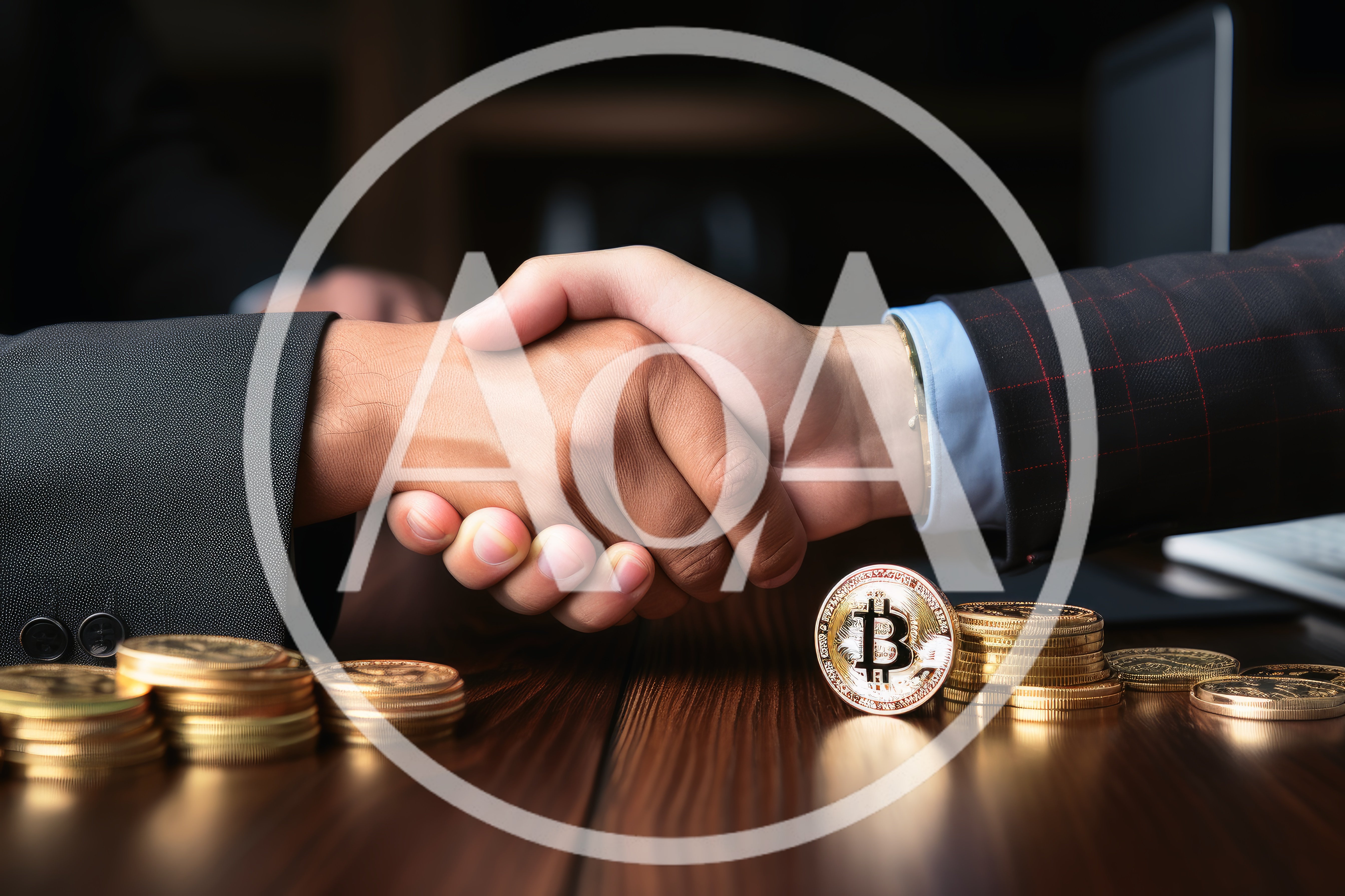 Business Partners Shaking Hands Over Bitcoin Coins
