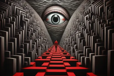 Person Walking Through Surreal Maze Under Giant Eye