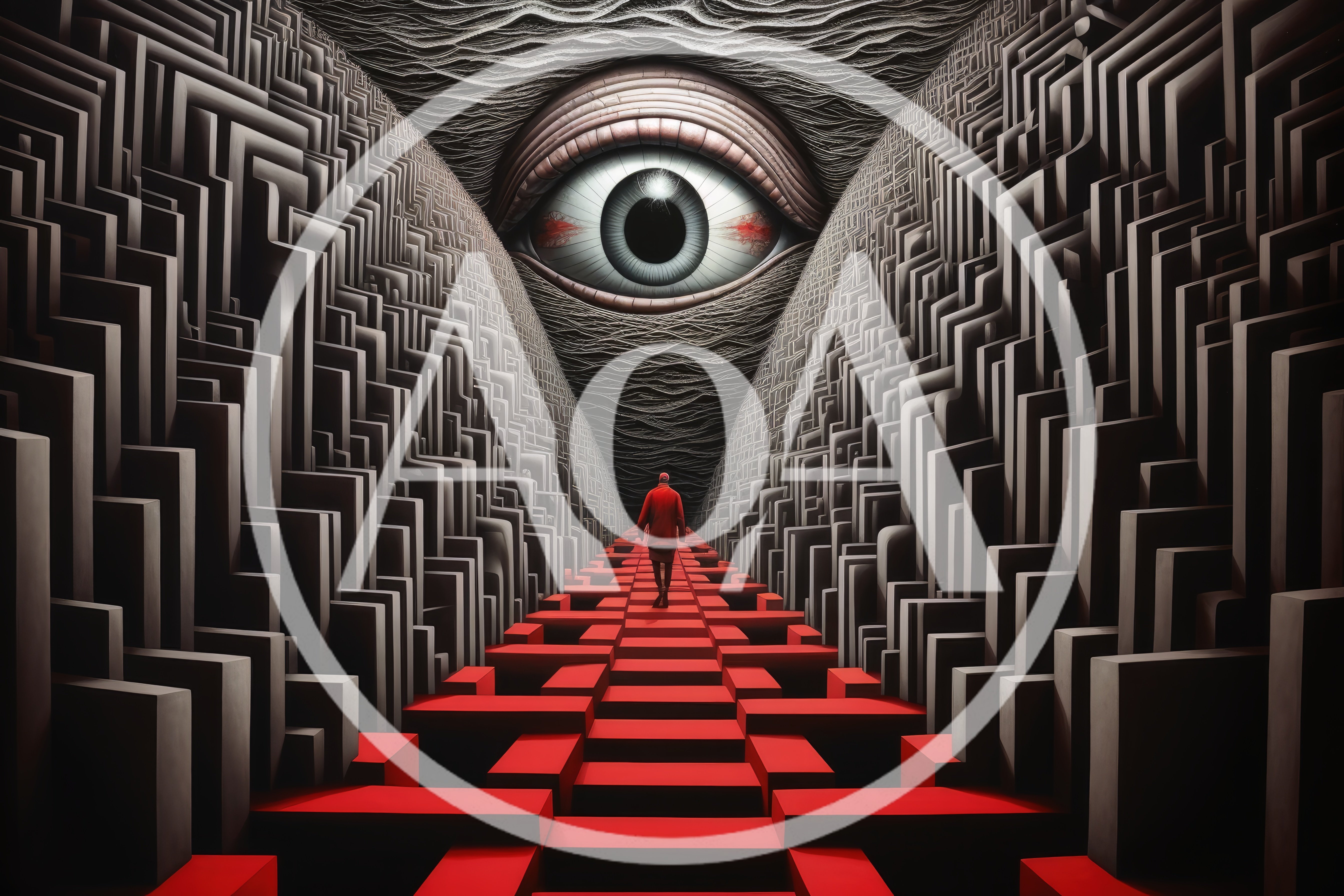 Person Walking Through Surreal Maze Under Giant Eye