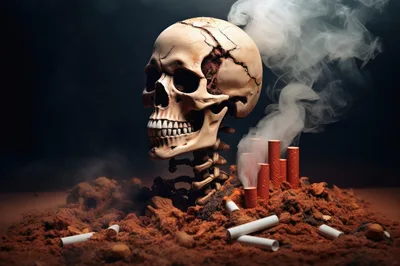 Human Skull With Cigarettes And Smoke