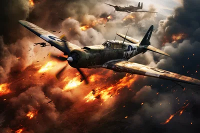 Vintage Fighter Planes Flying Over A Fiery Battlefield