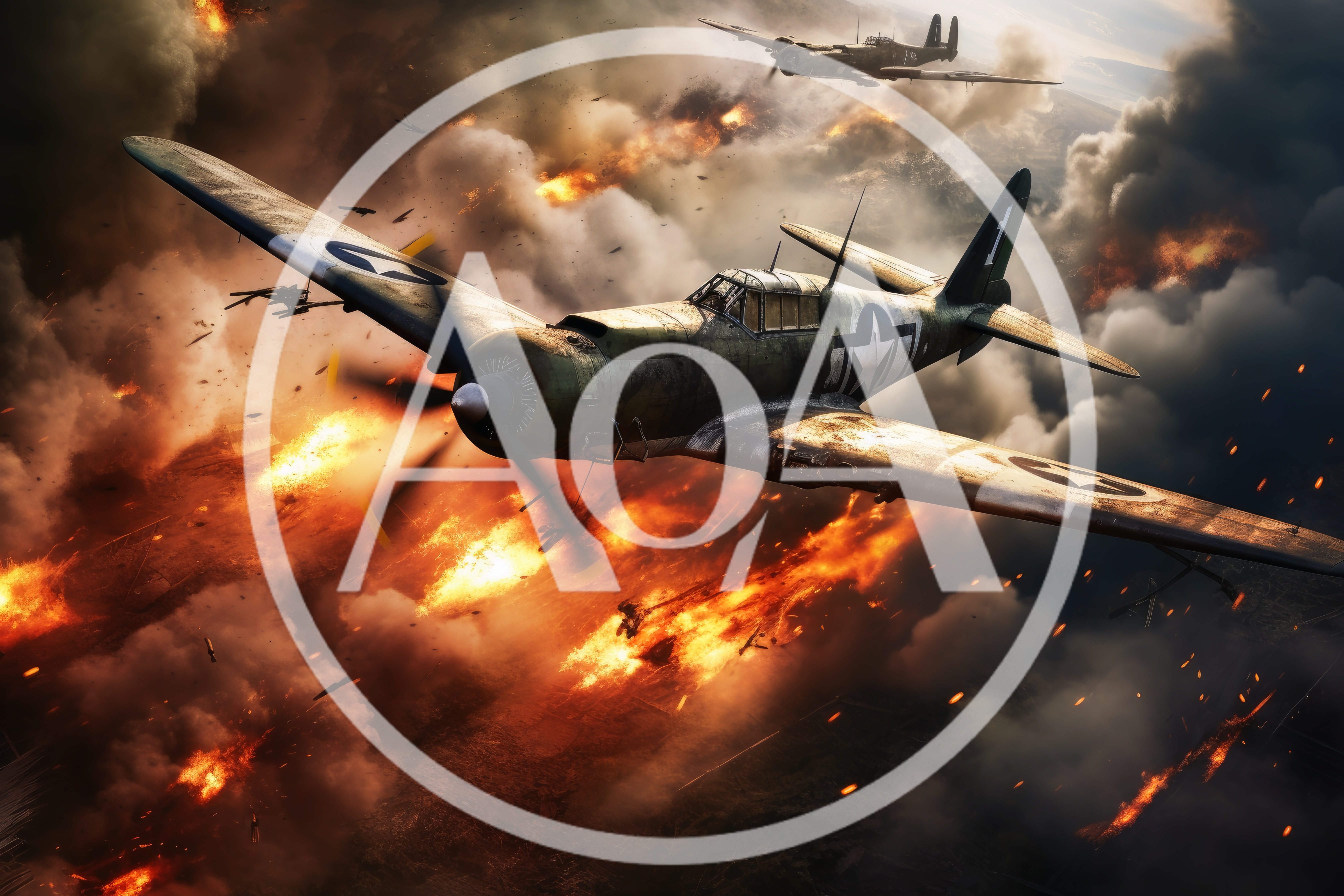 Vintage Fighter Planes Flying Over A Fiery Battlefield