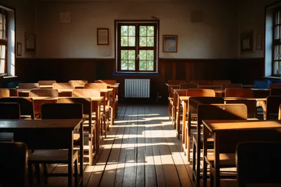 Empty Vintage Classroom With Wooden Desks And Sunlight