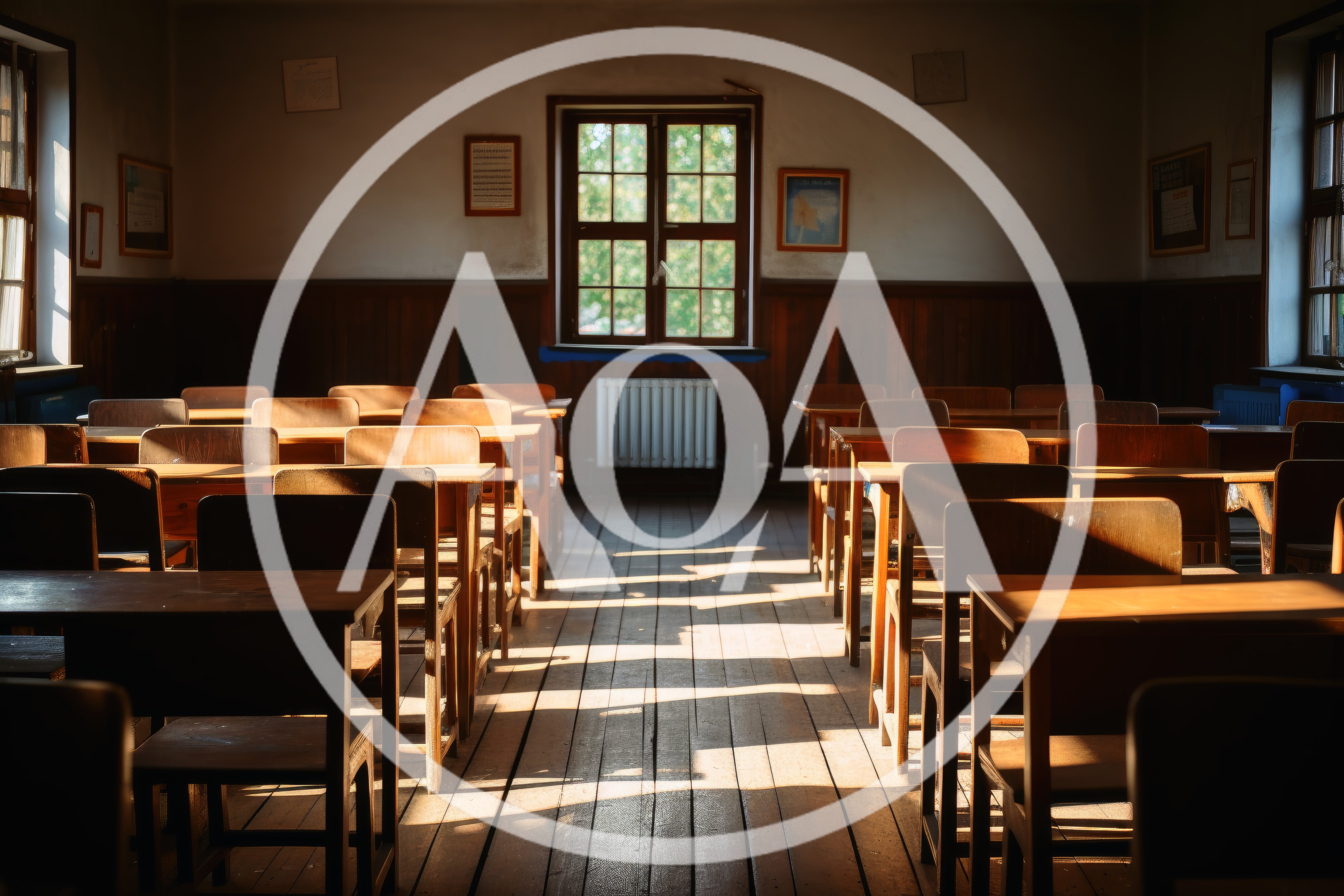 Empty Vintage Classroom With Wooden Desks And Sunlight