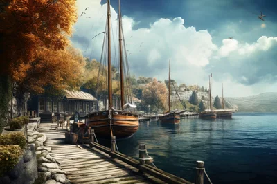 Wooden Sailing Boats Moored At A Scenic Lakeside Pier
