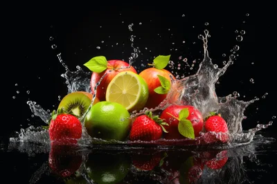 Fresh Fruits Splashing In Water On Black Background