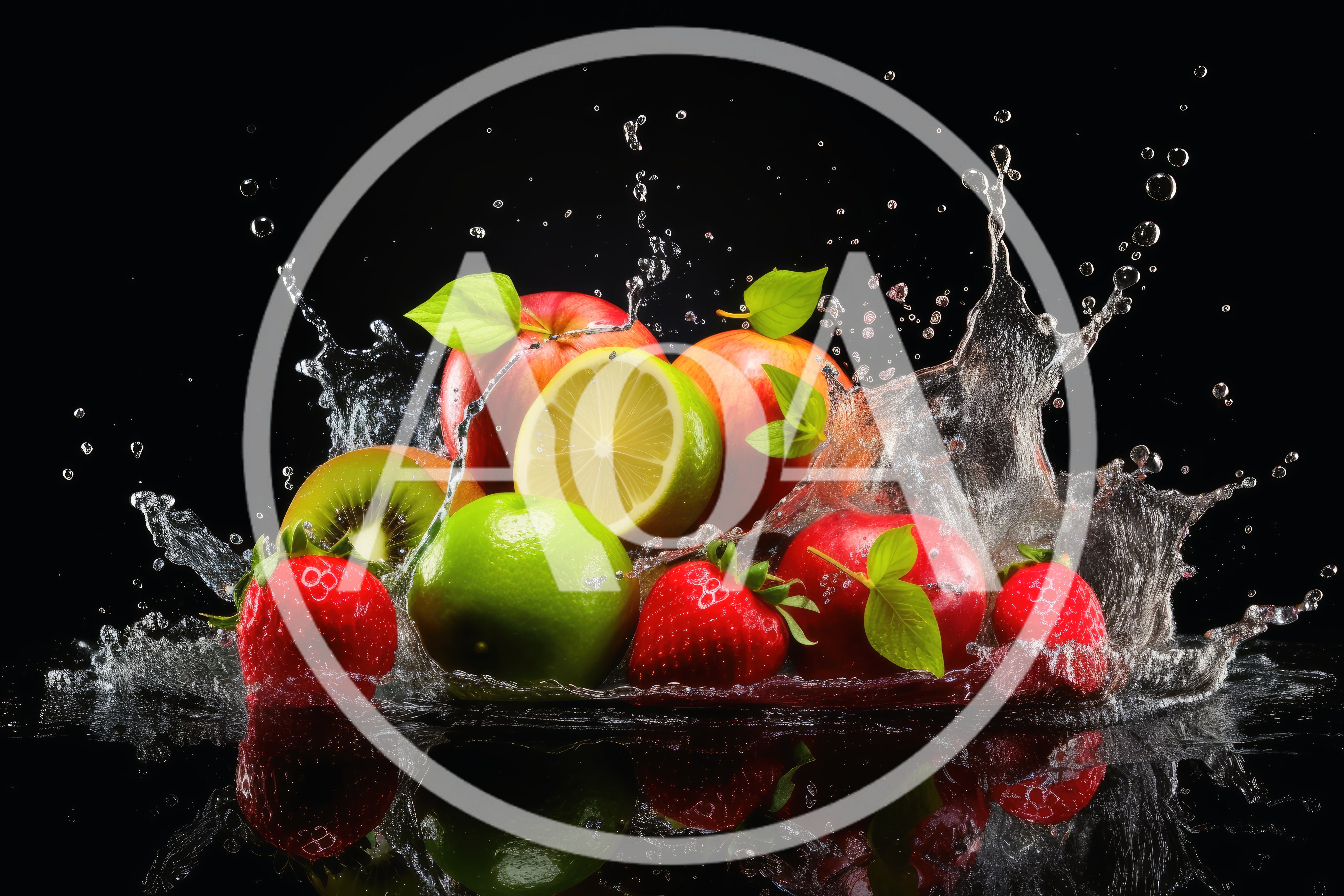 Fresh Fruits Splashing In Water On Black Background