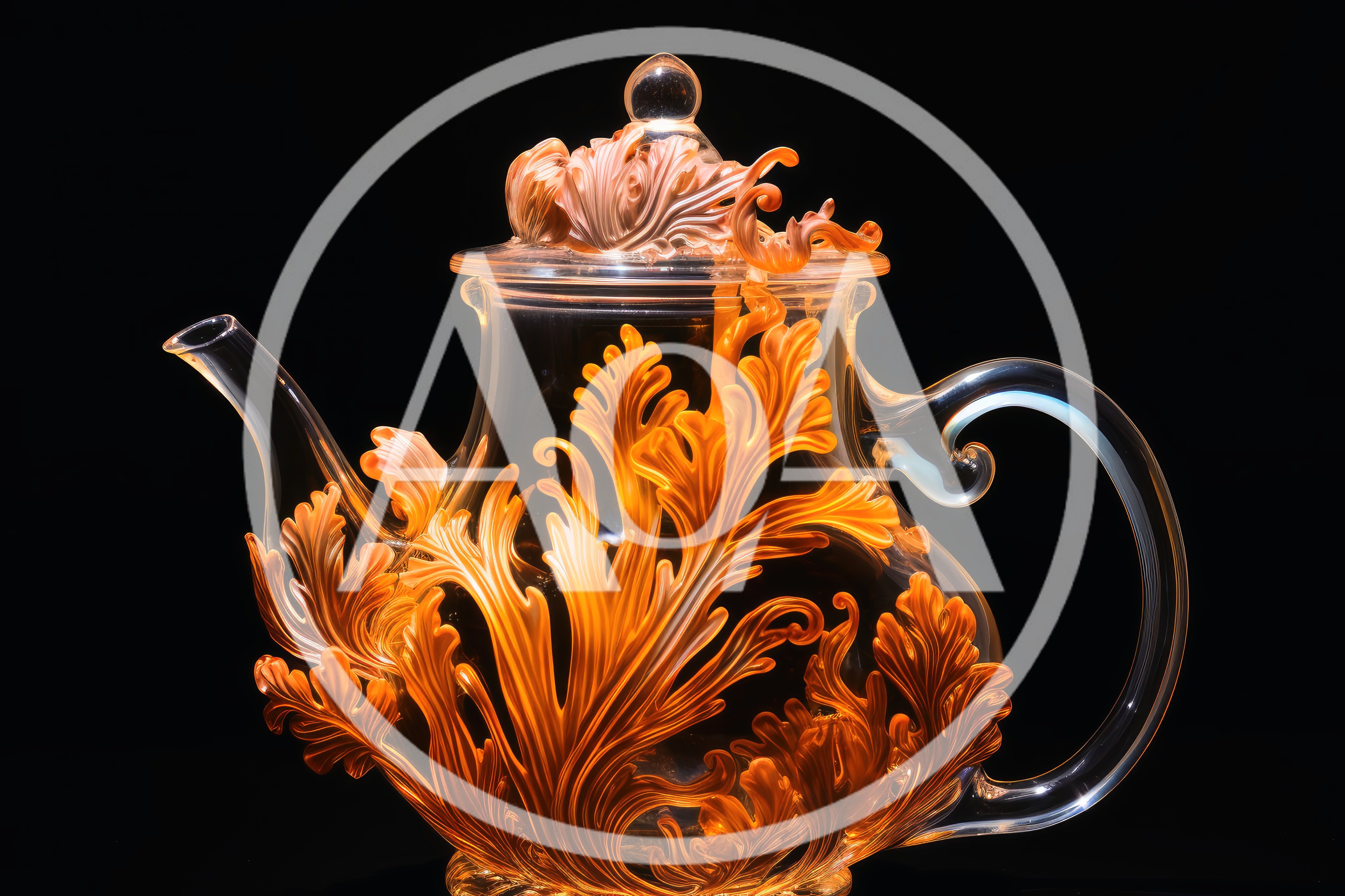 Ornate Glass Teapot With Intricate Amber Floral Carvings