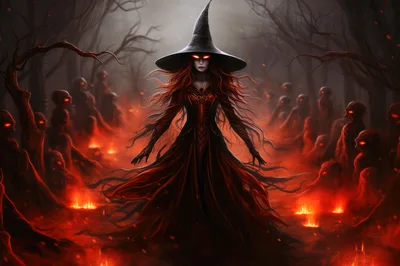 Witch Standing Amidst Glowing Spirits In Dark Forest