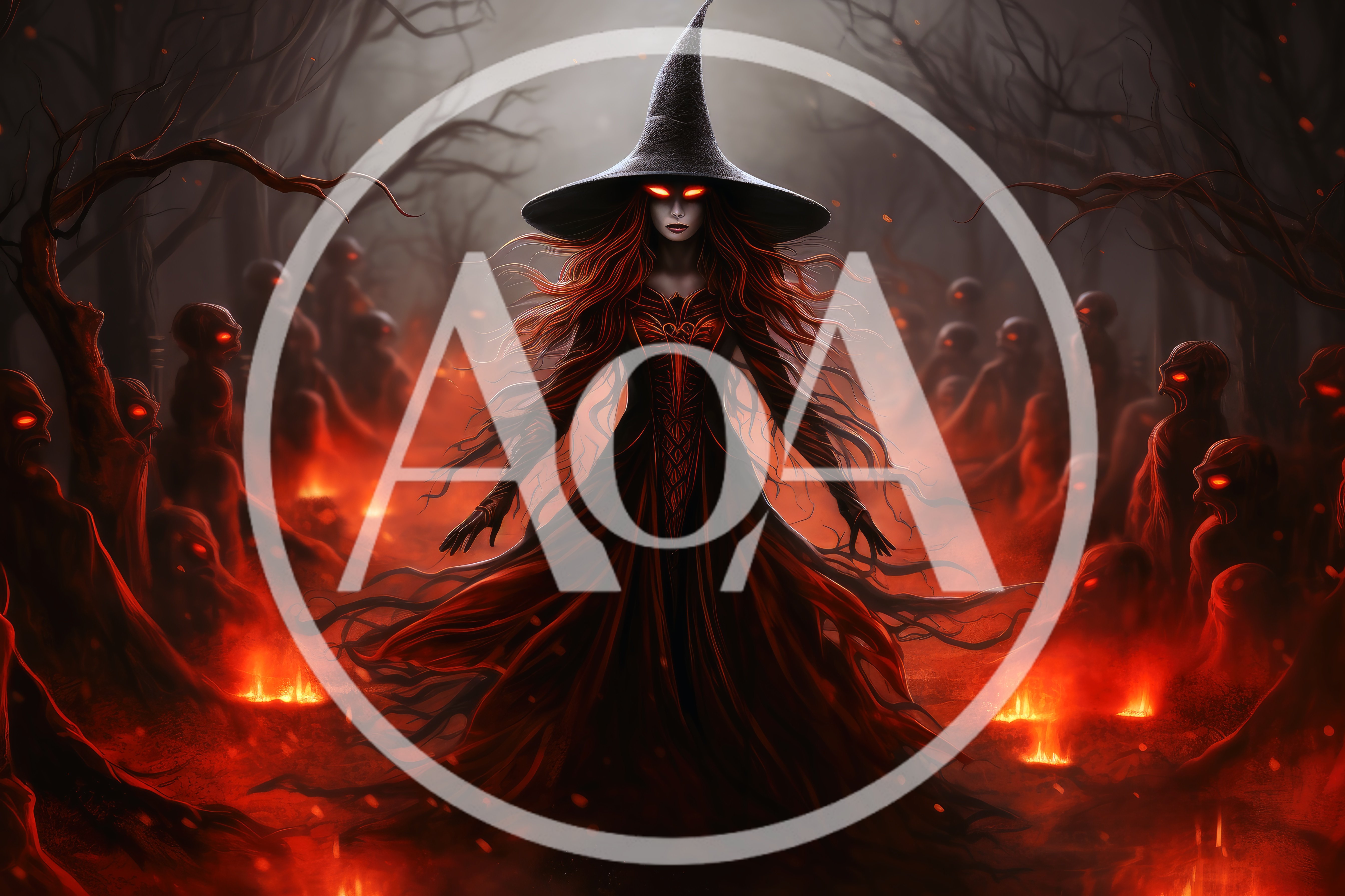 Witch Standing Amidst Glowing Spirits In Dark Forest