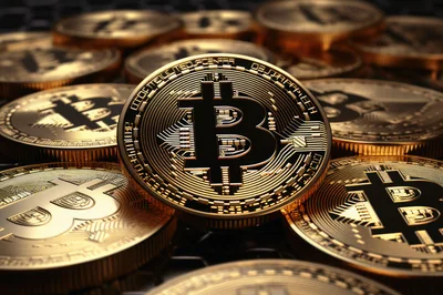 Golden Bitcoin Cryptocurrency Coins Stacked On Dark Surface