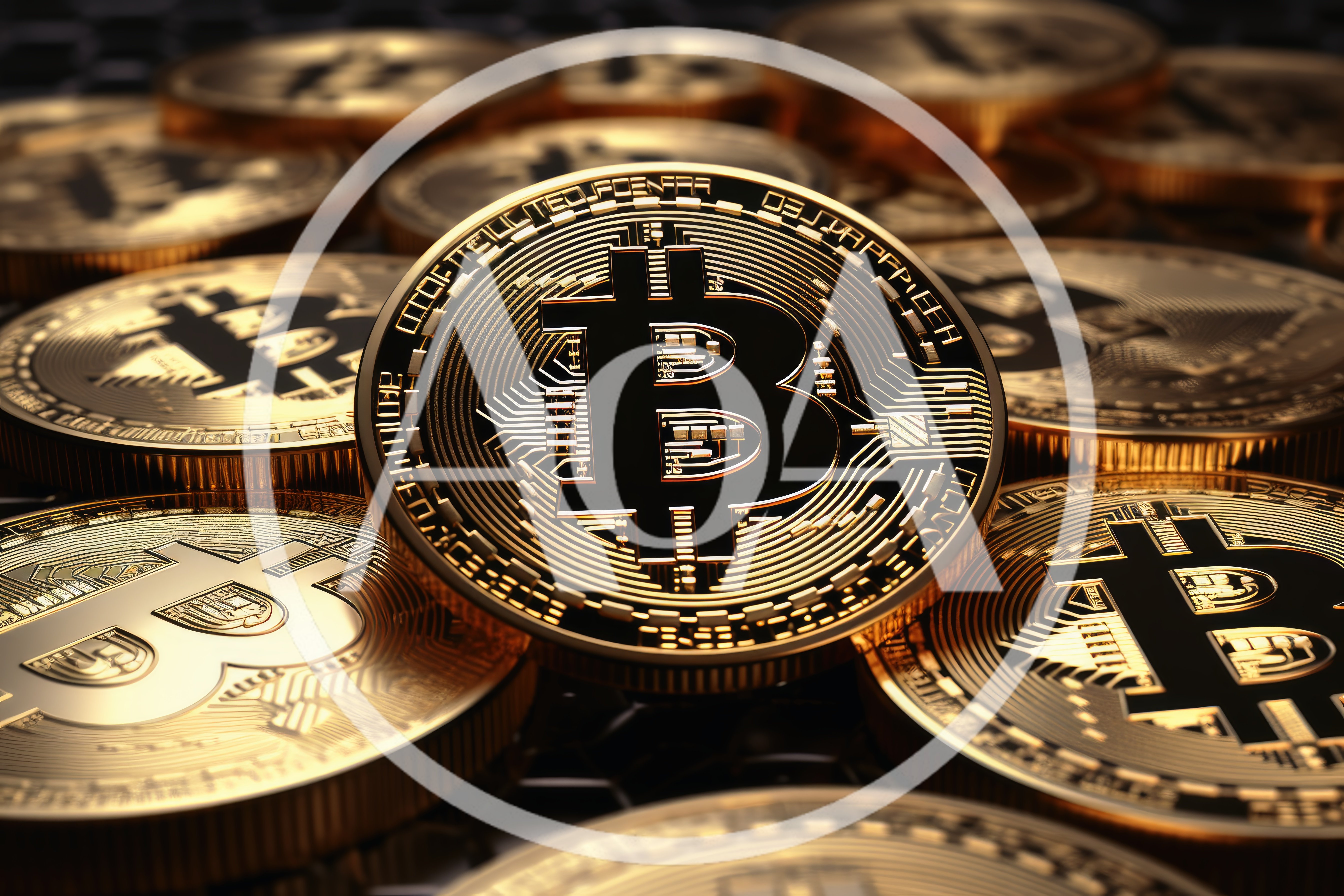 Golden Bitcoin Cryptocurrency Coins Stacked On Dark Surface