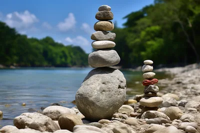 Balanced Stone Cairns On A Riverbank