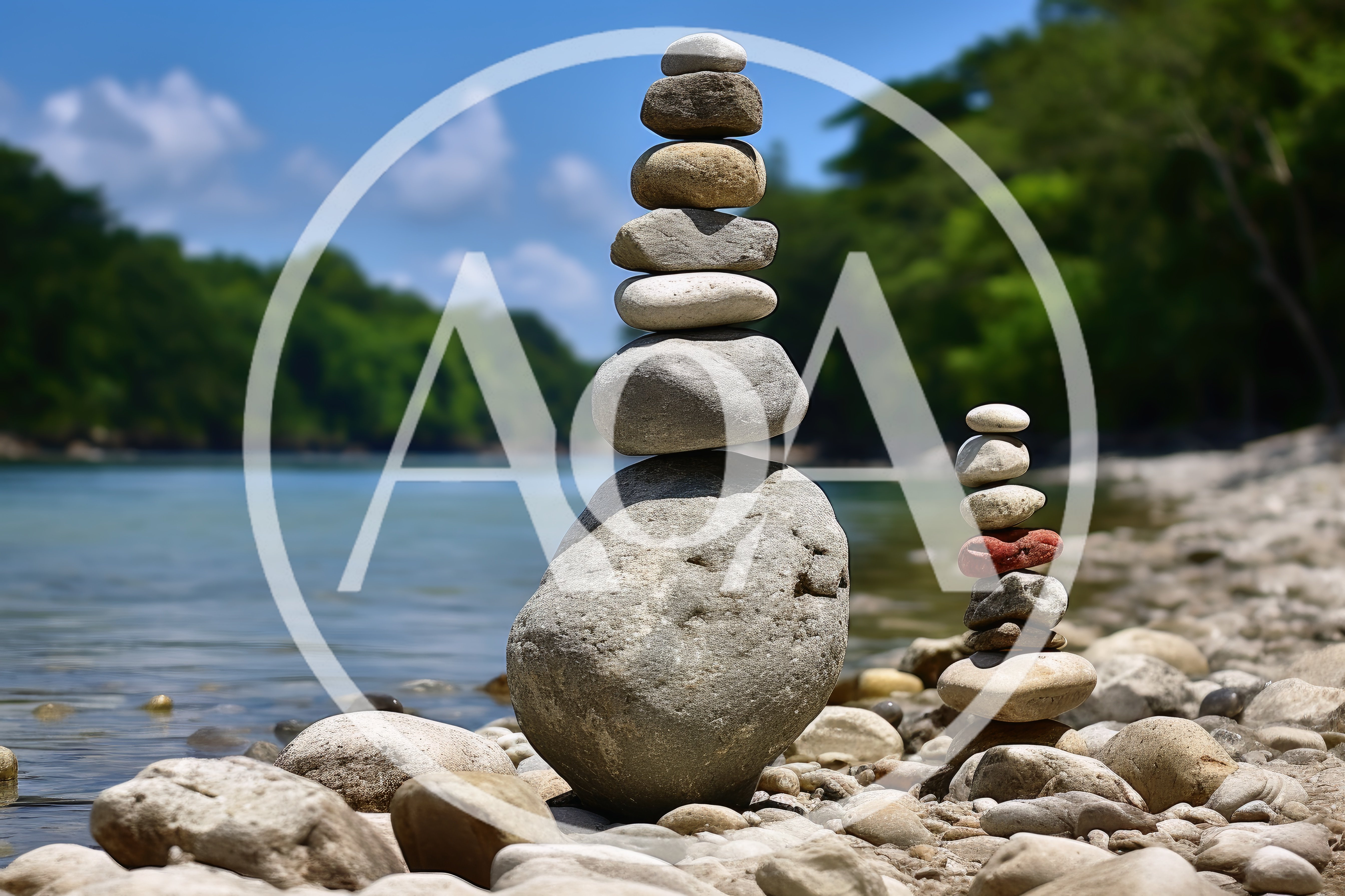 Balanced Stone Cairns On A Riverbank