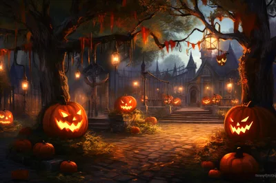 Spooky Halloween Scene With Glowing Jack O Lanterns