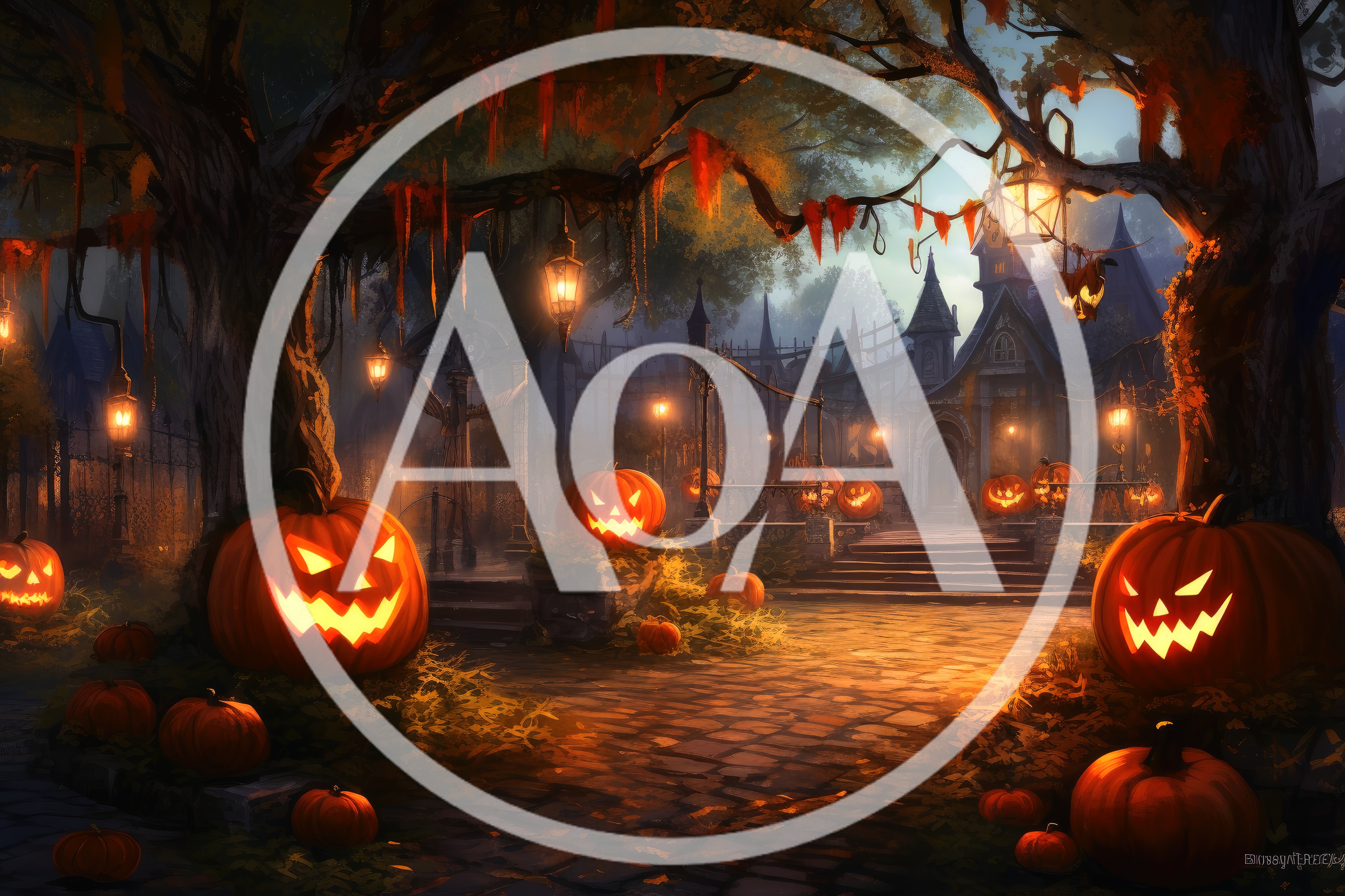 Spooky Halloween Scene With Glowing Jack O Lanterns