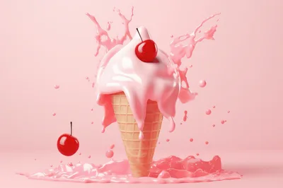Melting Strawberry Ice Cream Cone With Cherries