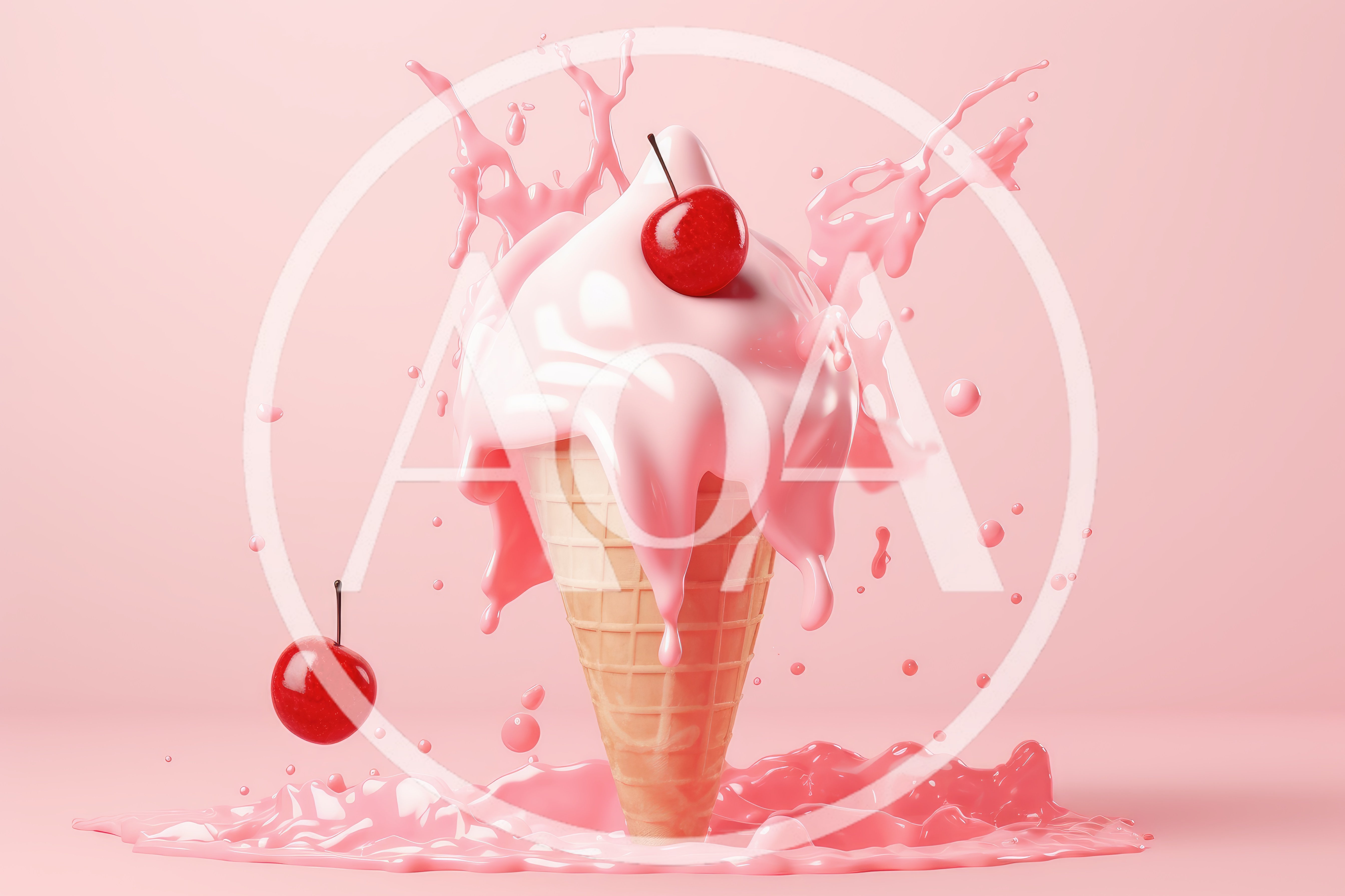 Melting Strawberry Ice Cream Cone With Cherries