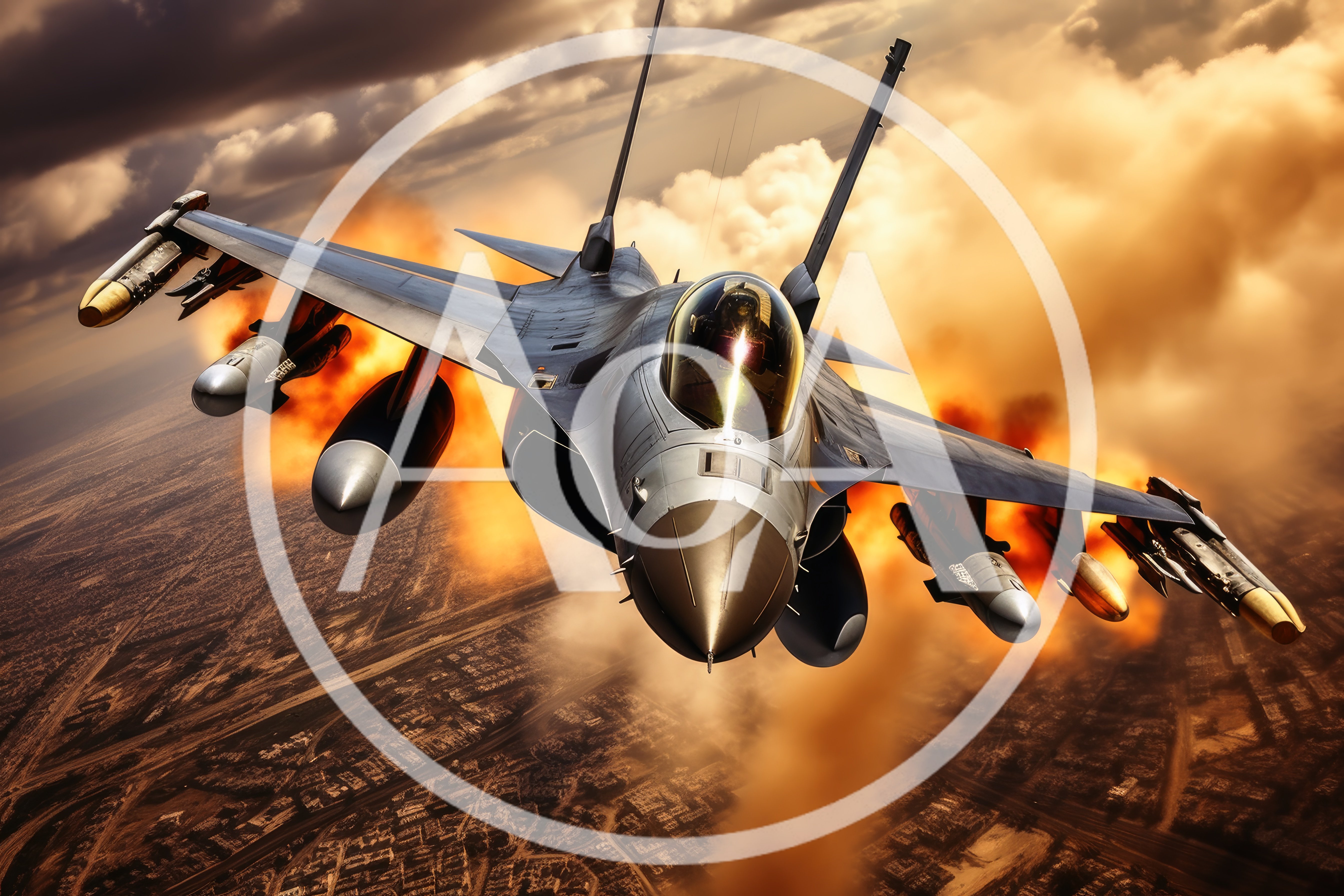 Fighter Jet Flying Over A Burning City