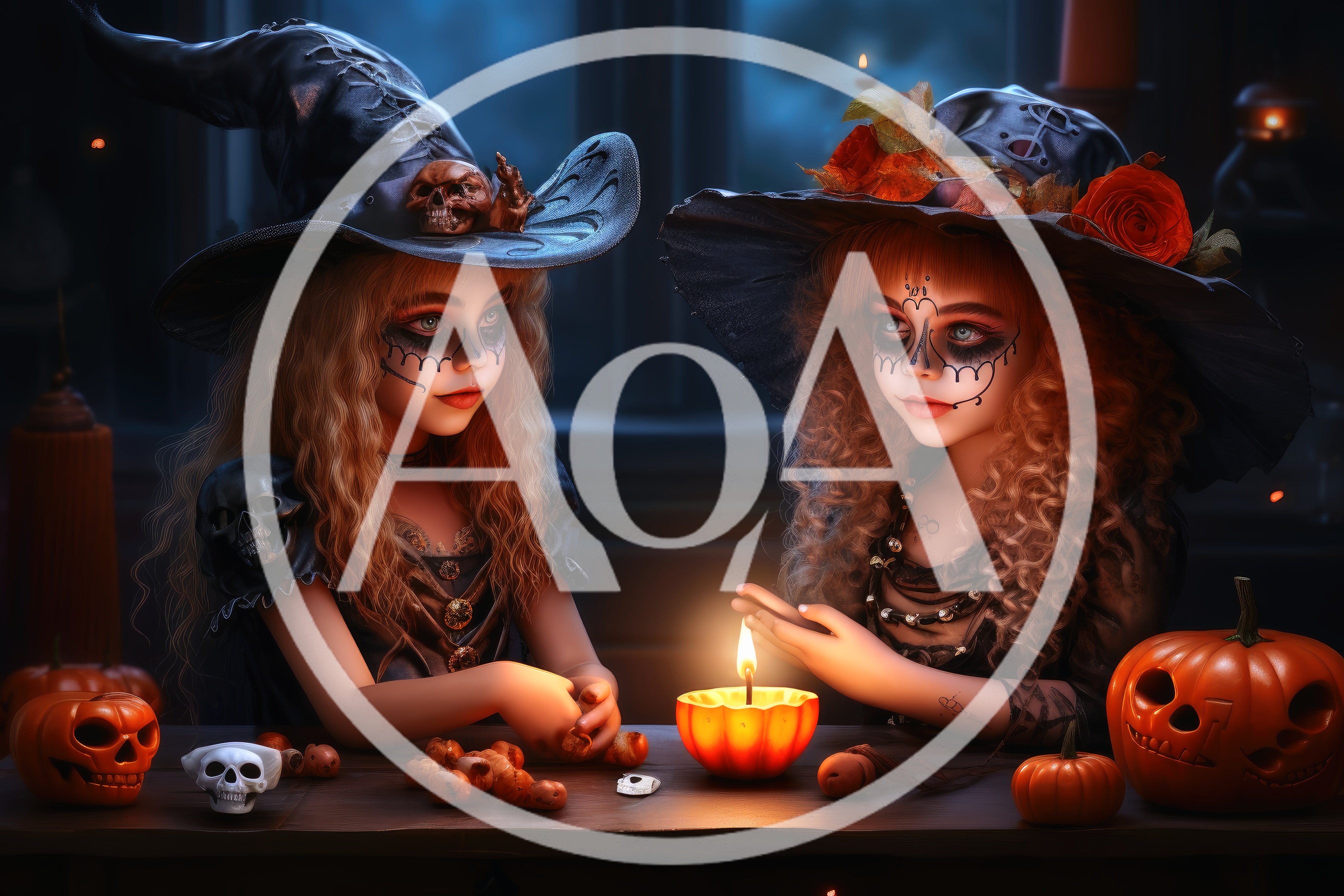 Two Young Girls Dressed As Witches Celebrating Halloween