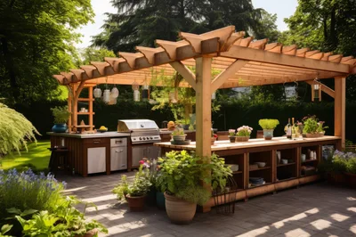 Outdoor Kitchen With Pergola In A Lush Garden