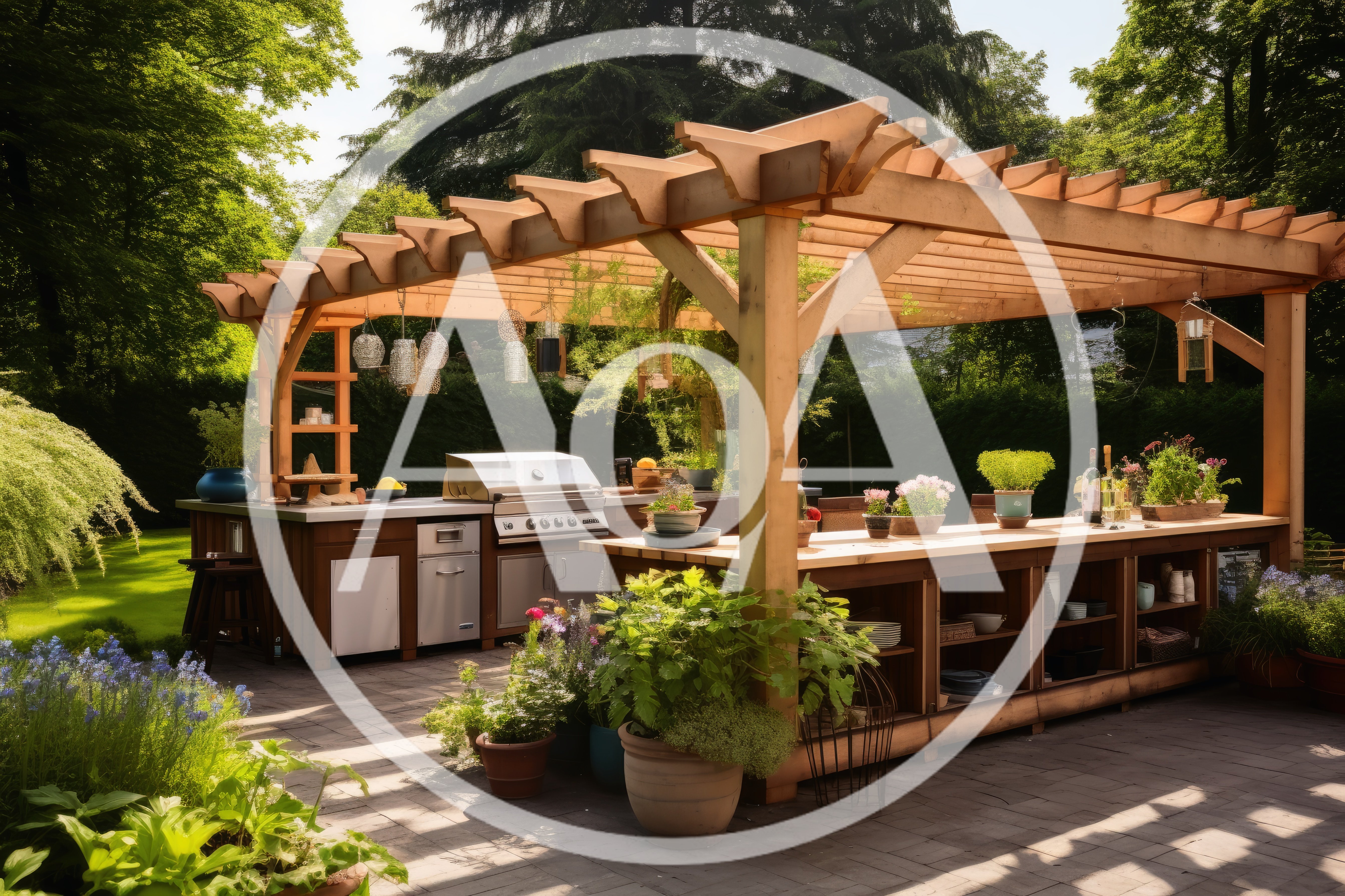 Outdoor Kitchen With Pergola In A Lush Garden