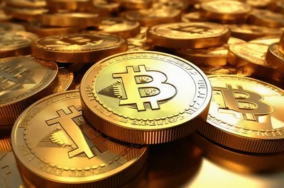 Golden Bitcoin Cryptocurrency Coins Stacked Together