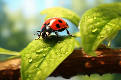 Ladybug Resting On A Dew Covered Green Leaf