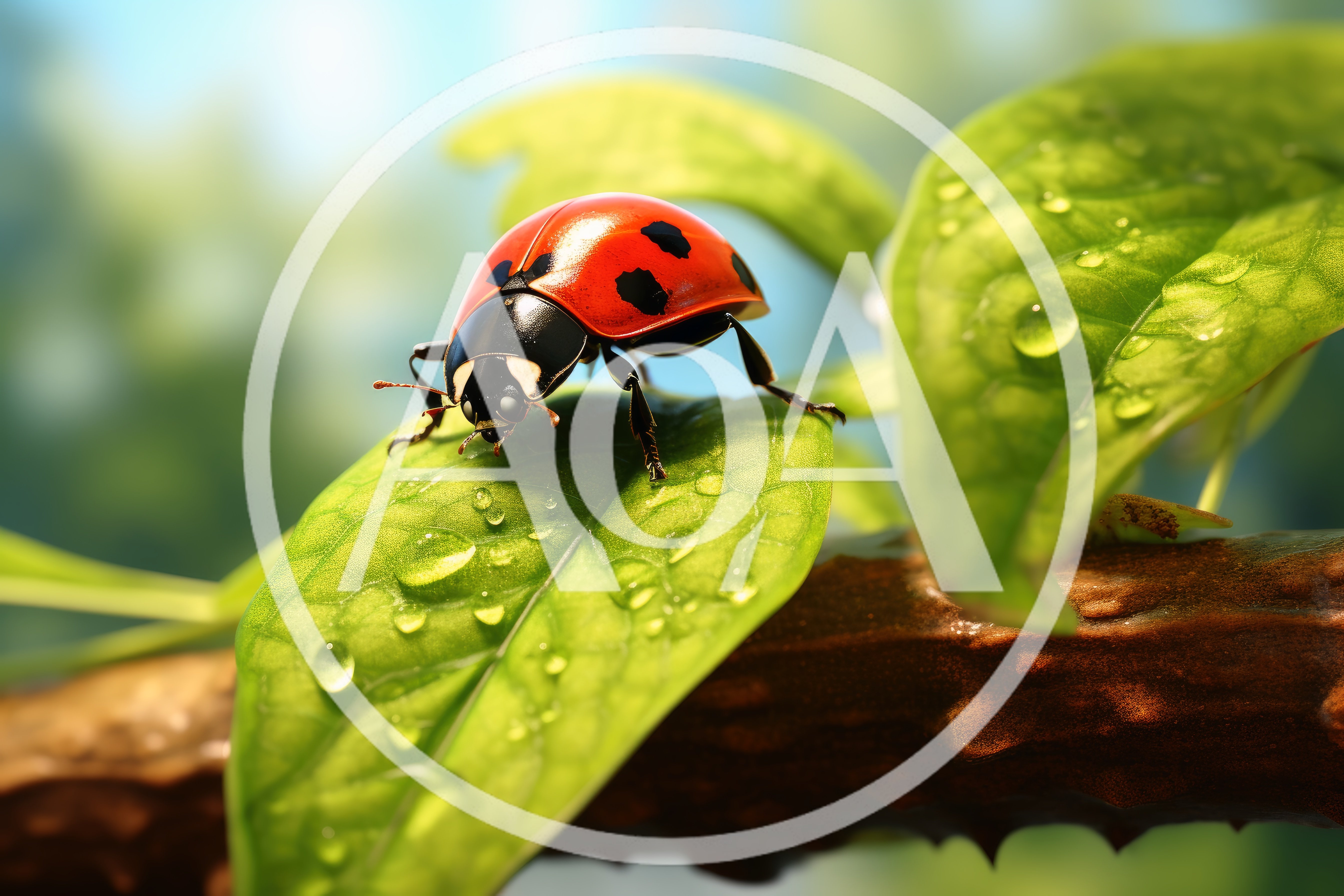 Ladybug Resting On A Dew Covered Green Leaf