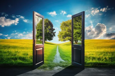 Open Wooden Doors Leading To A Sunny Green Meadow