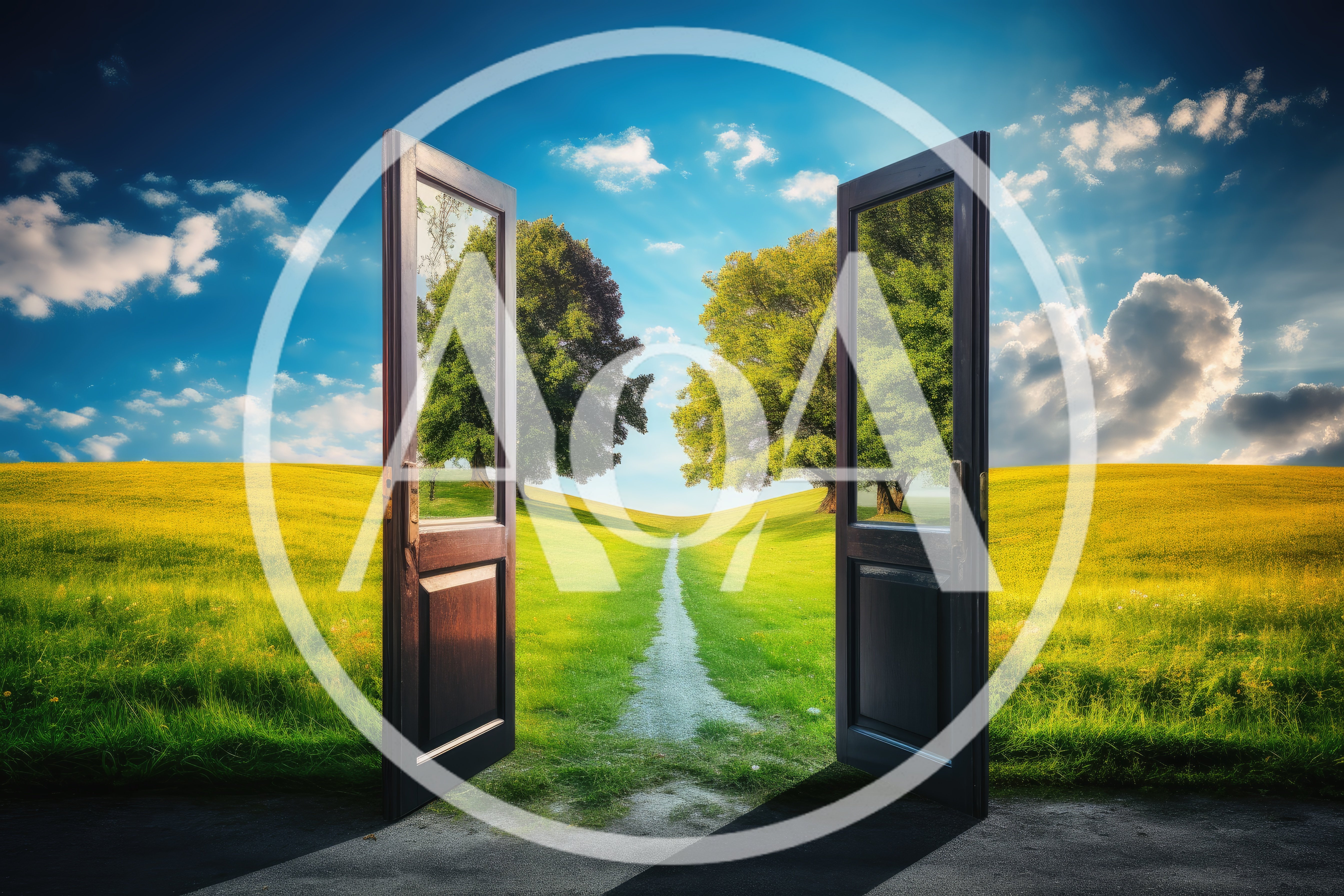 Open Wooden Doors Leading To A Sunny Green Meadow