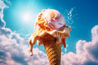 Melting Ice Cream Cone Against A Sunny Blue Sky