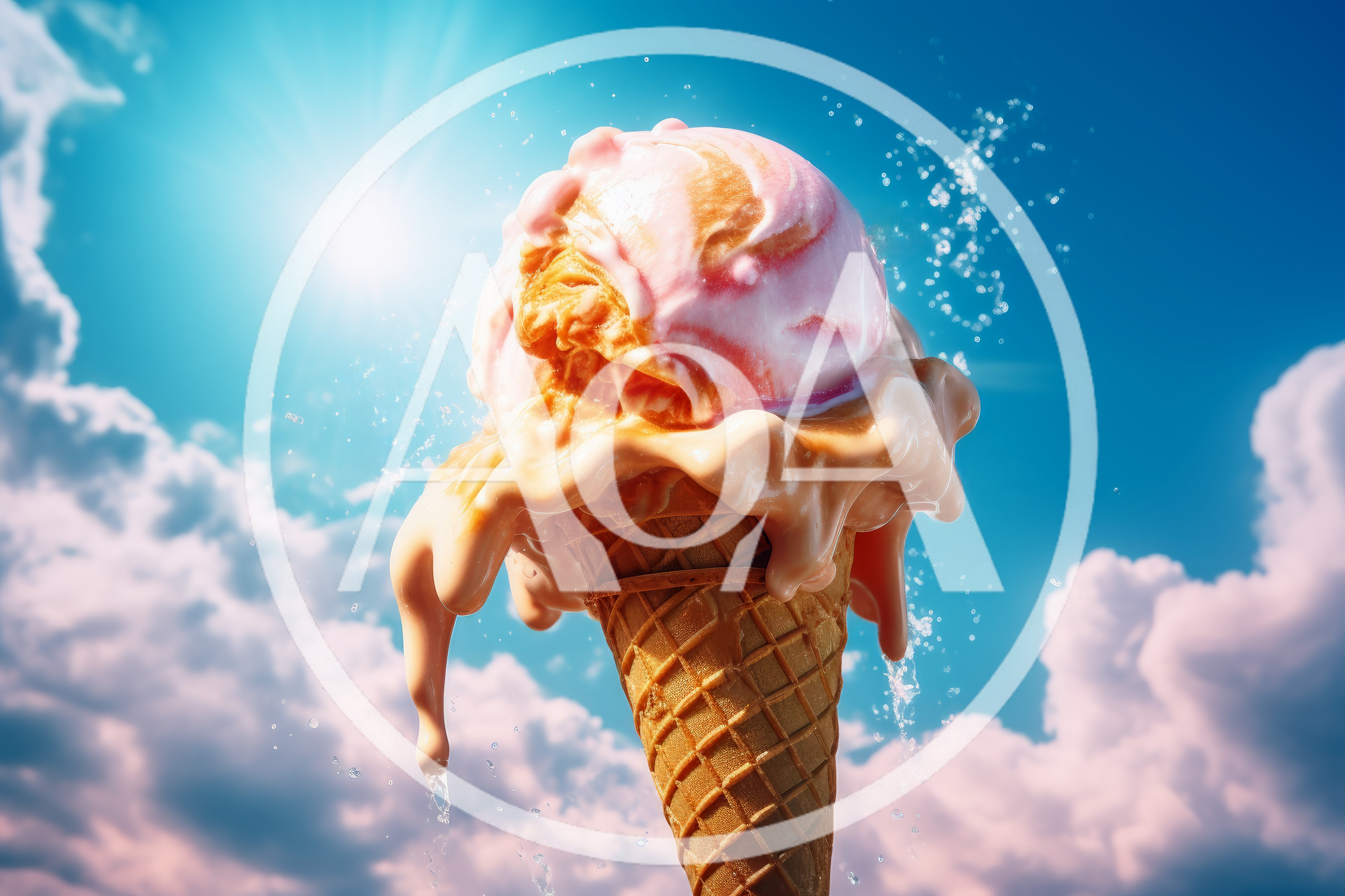 Melting Ice Cream Cone Against A Sunny Blue Sky
