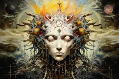 Surreal Cosmic Deity With Intricate Mechanical Headpiece