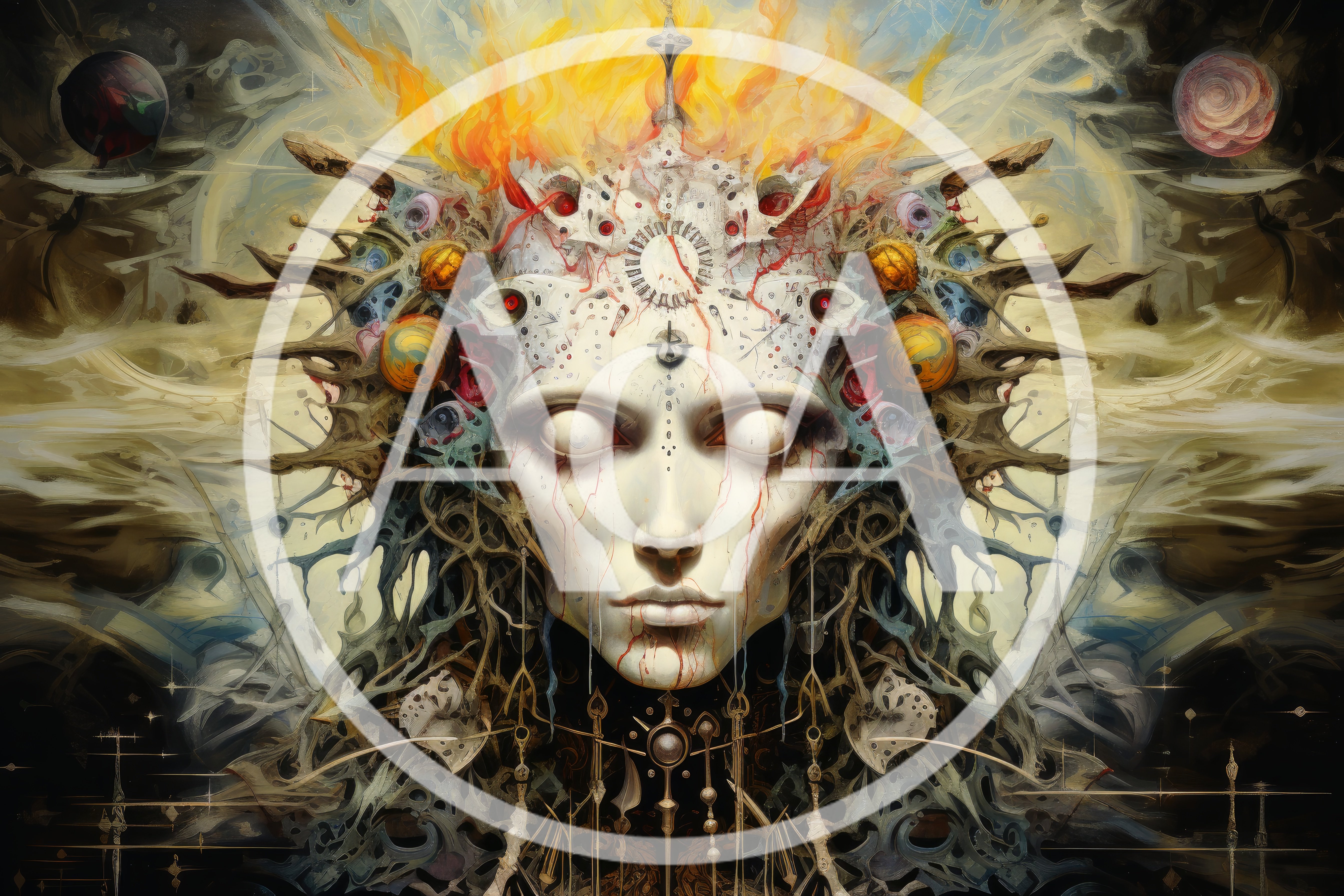 Surreal Cosmic Deity With Intricate Mechanical Headpiece