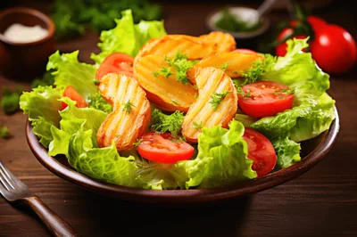 Fresh Salad With Grilled Potato Wedges And Tomatoes