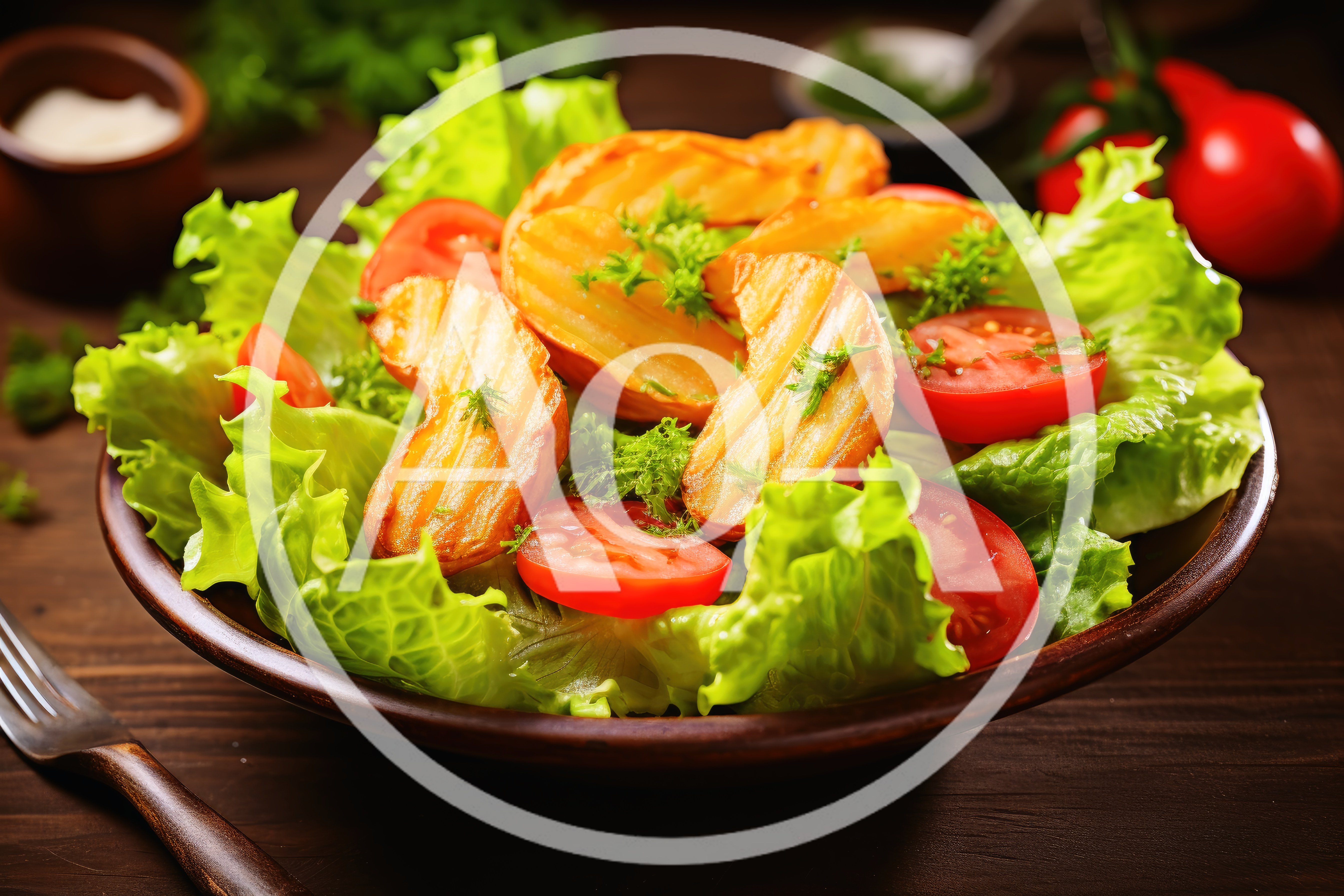 Fresh Salad With Grilled Potato Wedges And Tomatoes