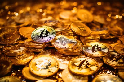 Pile Of Golden Bitcoin Cryptocurrency Coins