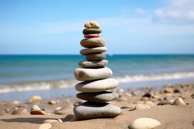 Stacked Stones Balancing On A Sandy Beach