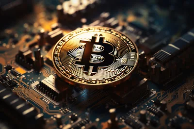 Golden Bitcoin Coin Resting On Computer Circuit Board