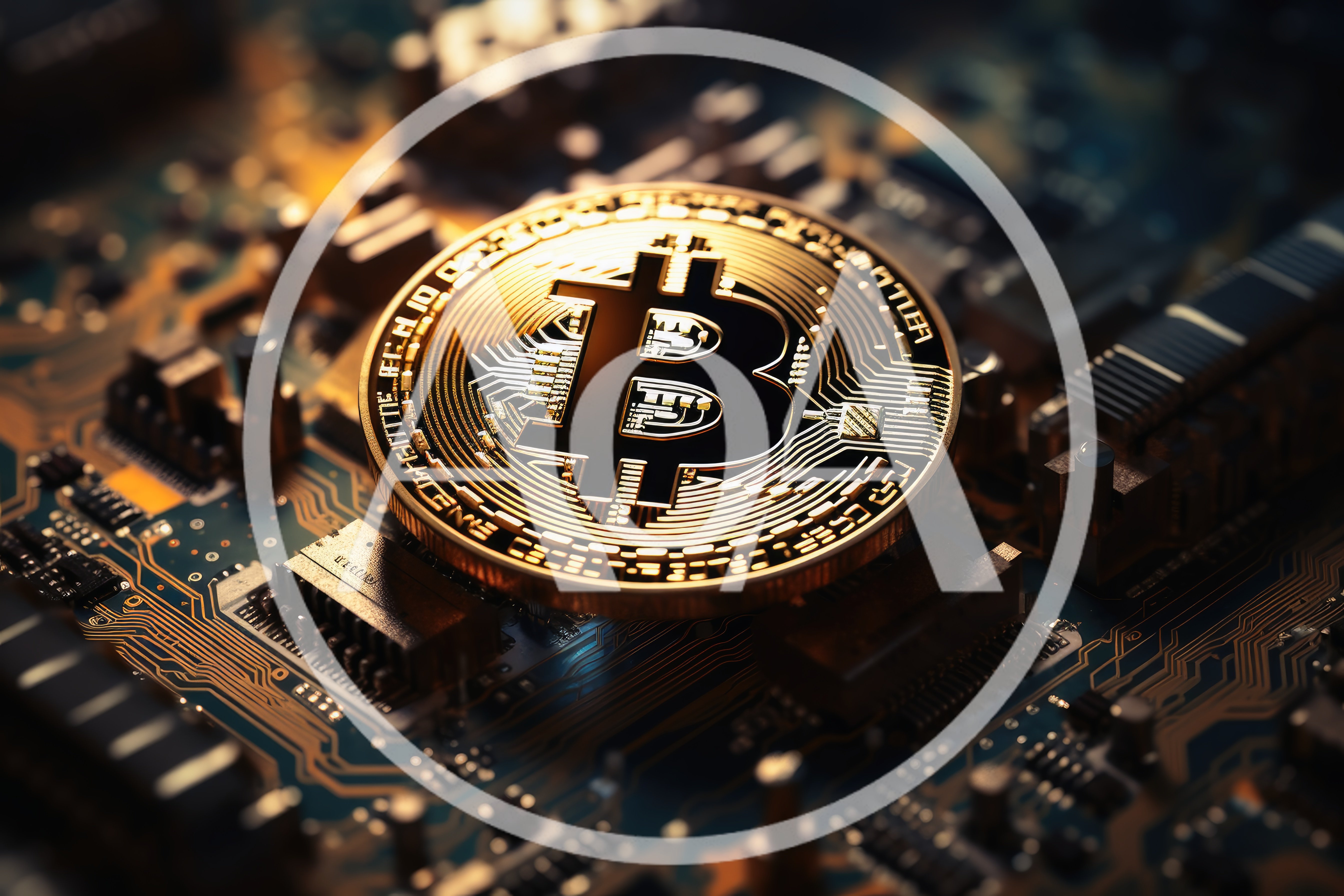 Golden Bitcoin Coin Resting On Computer Circuit Board