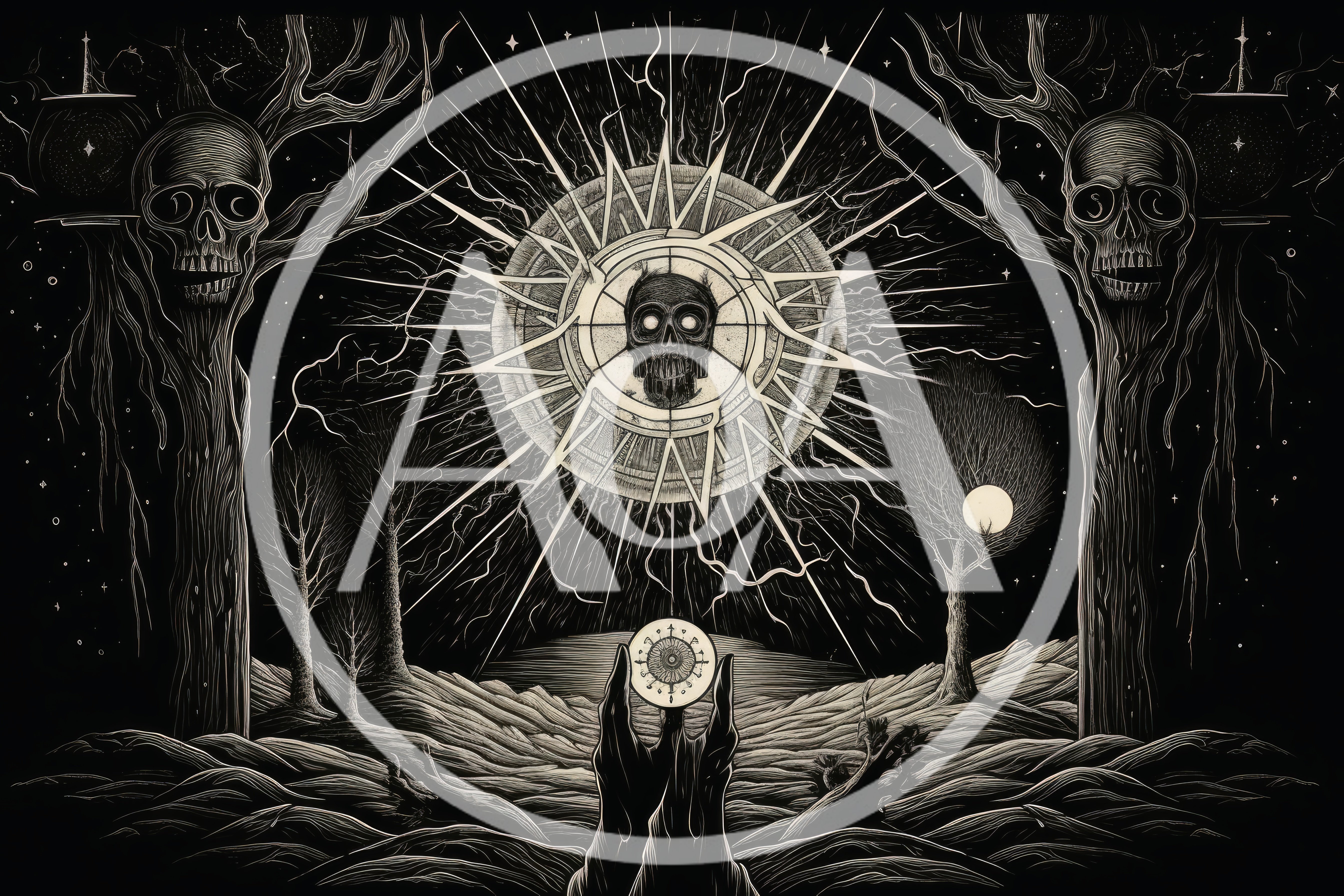Surreal Dark Fantasy Illustration With Skull Sun And Hands
